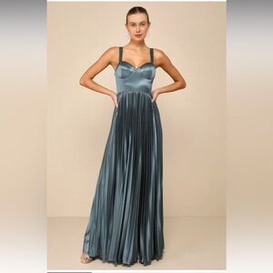 Luxurious Flair Blue Grey Satin Pleated Bustier Maxi Dress